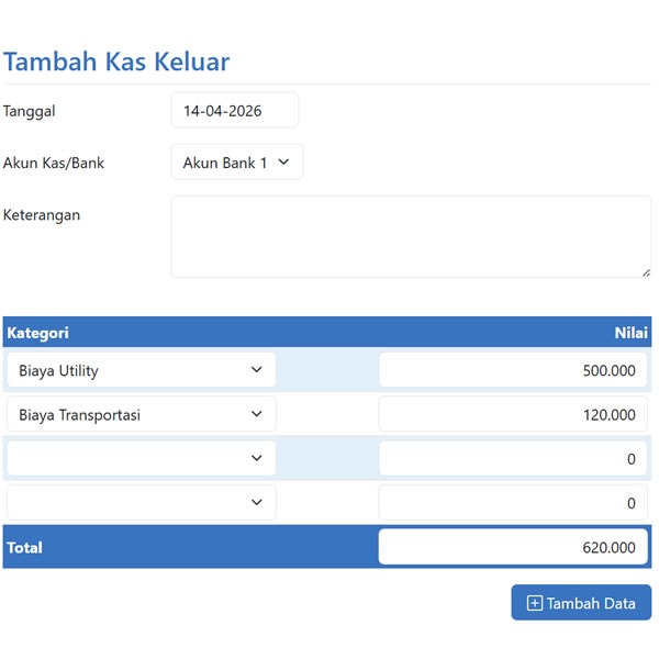 Screenshot BukuRetail untuk menambahkan transaksi kas keluar