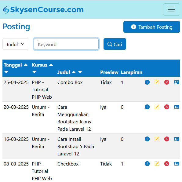 Tangkapan layar halaman admin SkysenCourse